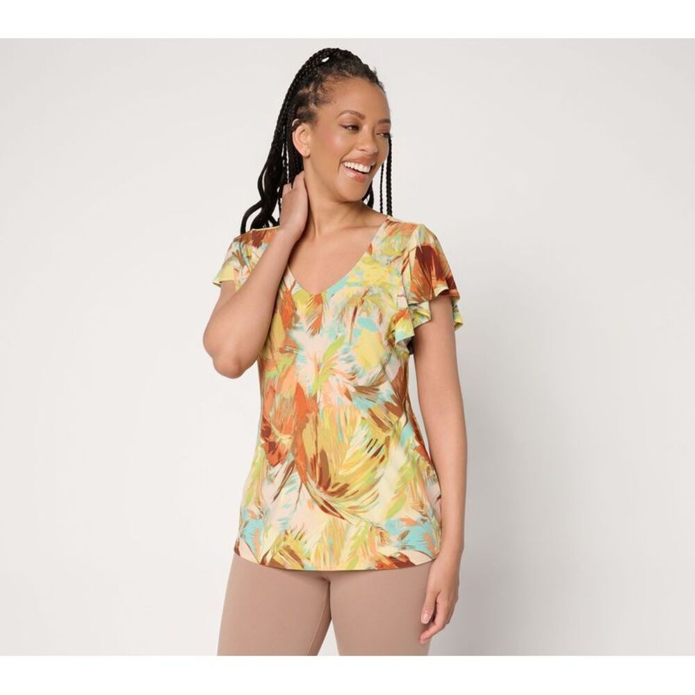 Women Control Women's Top Sz L Como Jersey Flutter Sleeve Brown